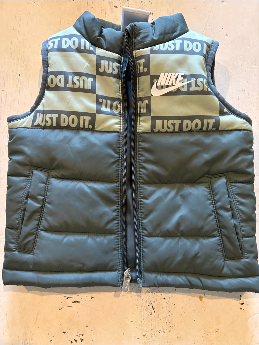 Nike Kids Olive Green and Light Green Puffer Vest with 'Just Do It.' Print